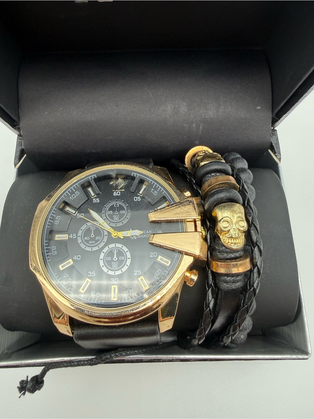 Gold and Black Men's Chronograph Watch with Leather Skull Bracelet